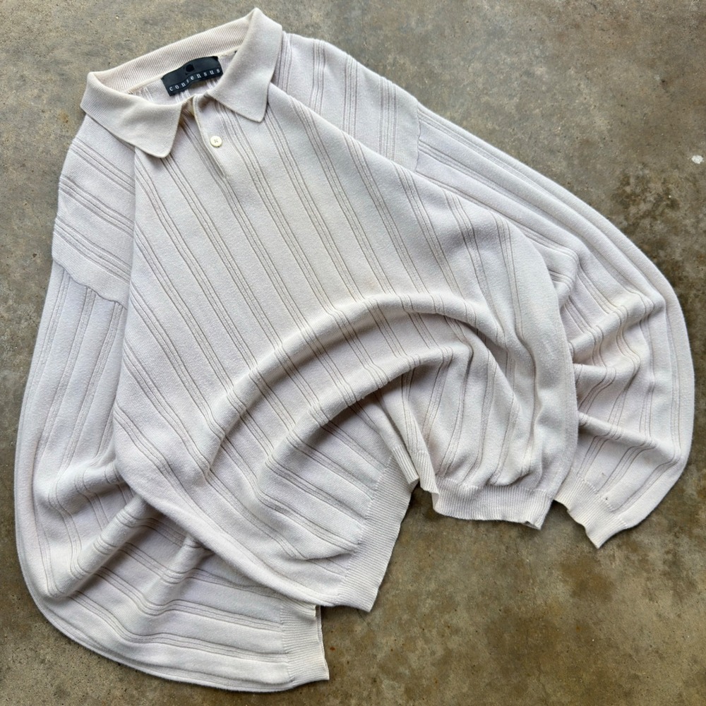 Vintage 90s Consensus Rugby Shirt Striped Knit Polo Gorpcore Cream L (i4)
